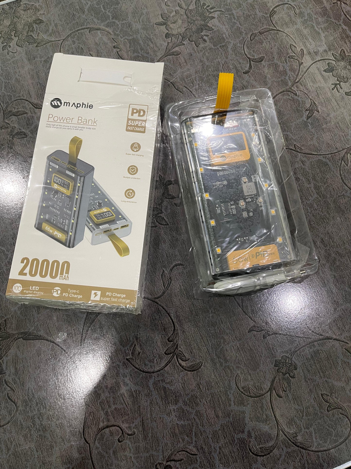 Maphie 20000mAh Transparent Power Bank – Fast Charging with Digital Display & LED Lights