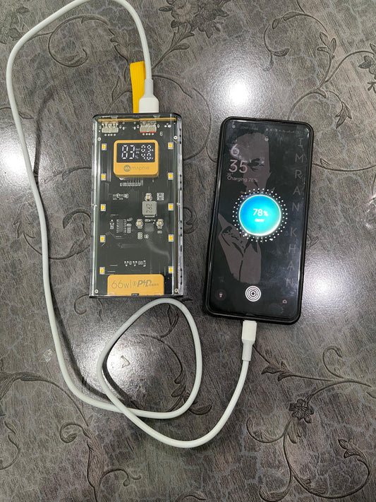 Maphie 20000mAh Transparent Power Bank – Fast Charging with Digital Display & LED Lights